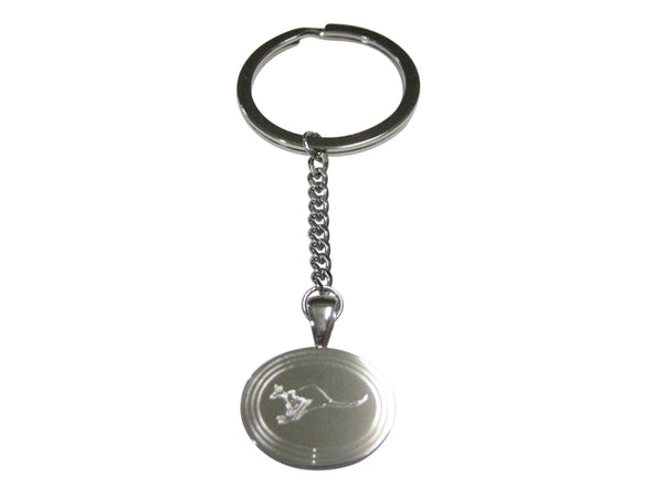 Silver Toned Etched Oval Leaping Kangaroo Pendant Keychain