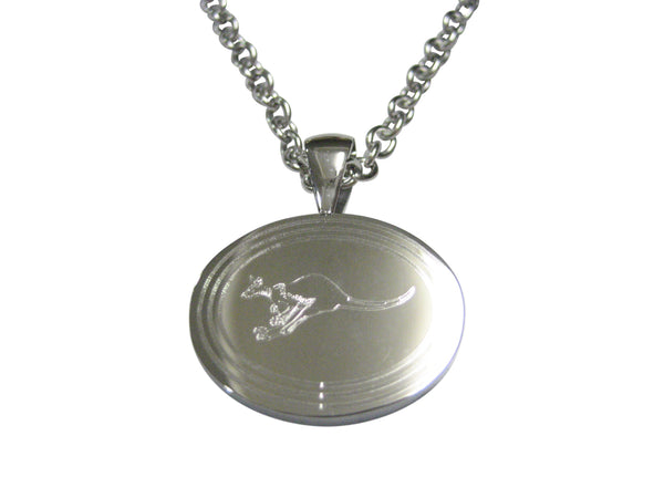 Silver Toned Etched Oval Leaping Kangaroo Pendant Necklace