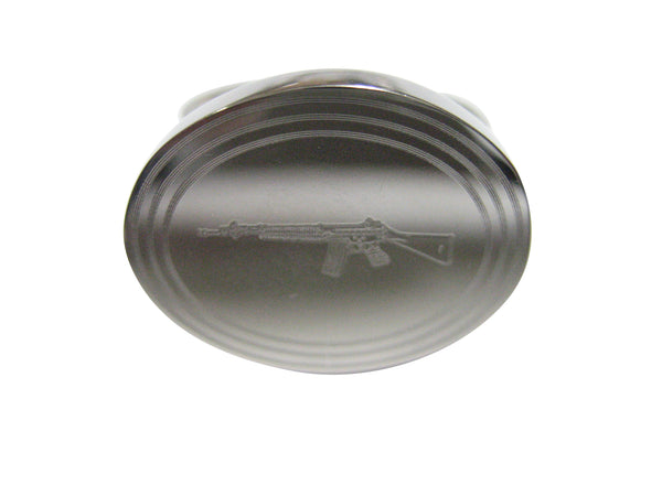Silver Toned Etched Oval Left Facing AK47 Rifle Adjustable Size Fashion Ring