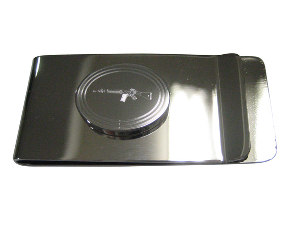 Silver Toned Etched Oval Left Facing AK47 Rifle Money Clip