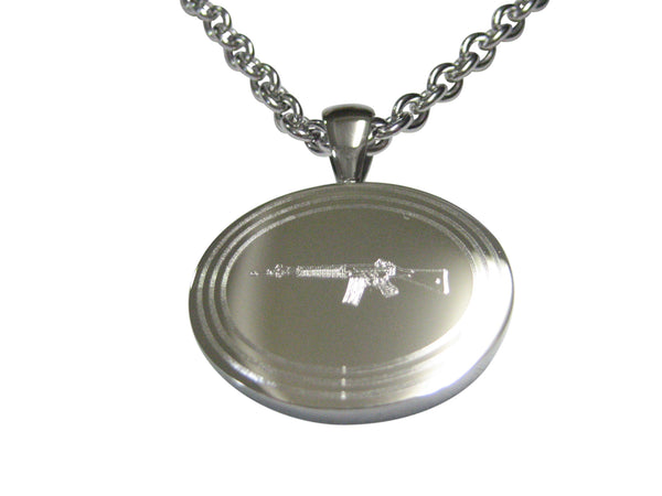 Silver Toned Etched Oval Left Facing AK47 Rifle Pendant Necklace