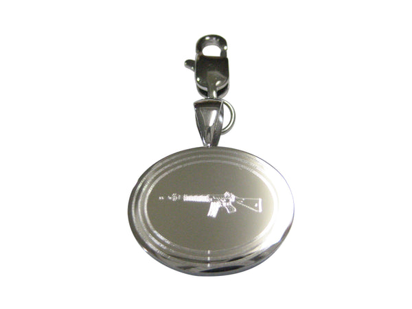 Silver Toned Etched Oval Left Facing AK47 Rifle Pendant Zipper Pull Charm