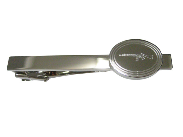Silver Toned Etched Oval Left Facing AK47 Rifle Tie Clip