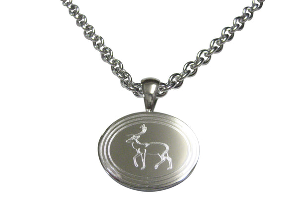 Silver Toned Etched Oval Left Facing Fallow Deer Pendant Necklace