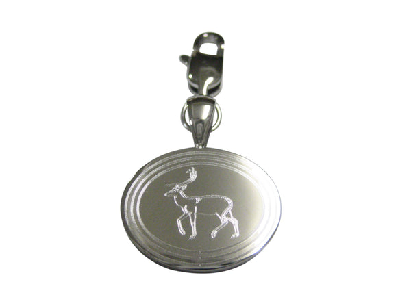 Silver Toned Etched Oval Left Facing Fallow Deer Pendant Zipper Pull Charm