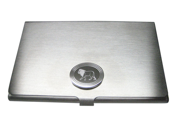 Silver Toned Etched Oval Left Facing Full Lion Business Card Holder