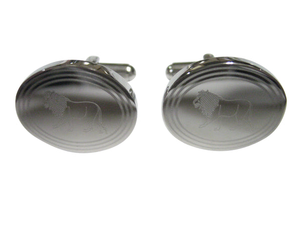 Silver Toned Etched Oval Left Facing Full Lion Cufflinks
