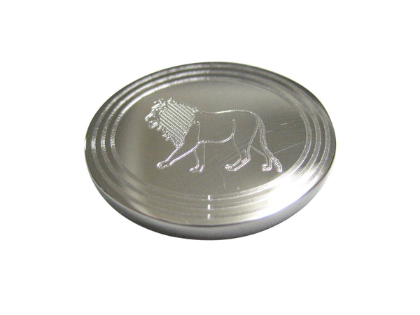 Silver Toned Etched Oval Left Facing Full Lion Magnet