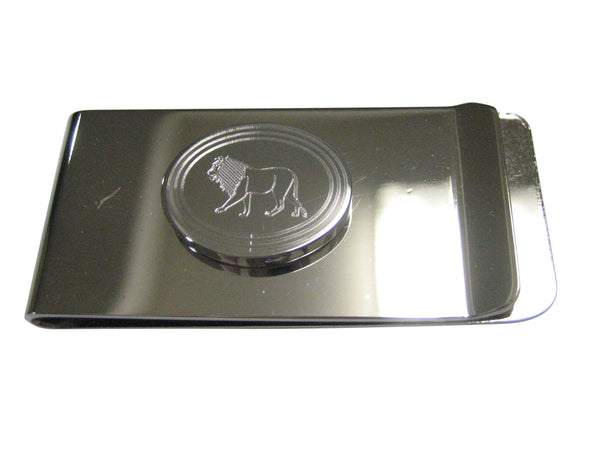 Silver Toned Etched Oval Left Facing Full Lion Money Clip