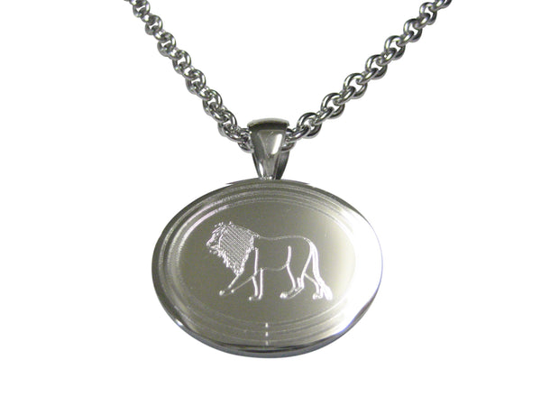 Silver Toned Etched Oval Left Facing Full Lion Pendant Necklace