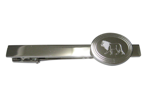 Silver Toned Etched Oval Left Facing Full Lion Tie Clip