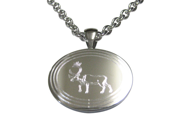Silver Toned Etched Oval Left Facing Moose Pendant Necklace