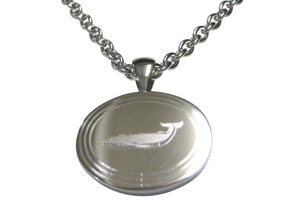 Silver Toned Etched Oval Left Facing Whale Pendant Necklace