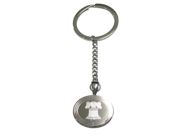 Silver Toned Etched Oval Liberty Bell Pendant Keychain