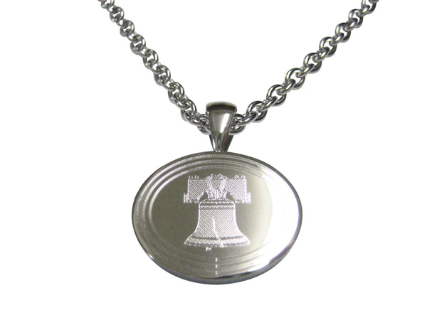 Silver Toned Etched Oval Liberty Bell Pendant Necklace