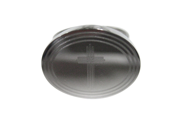 Silver Toned Etched Oval Lined Religious Cross Adjustable Sized Fashion Ring