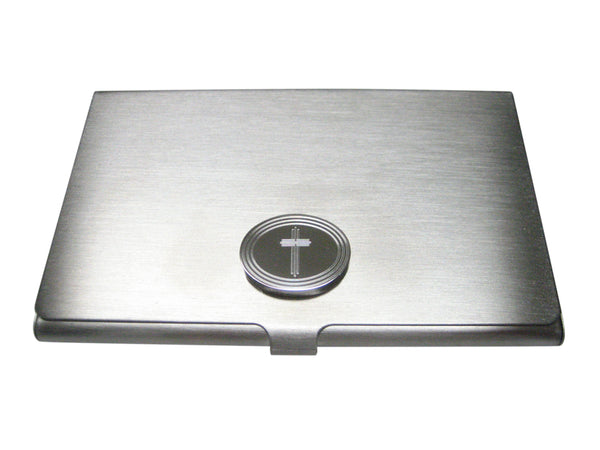 Silver Toned Etched Oval Lined Religious Cross Business Card Holder
