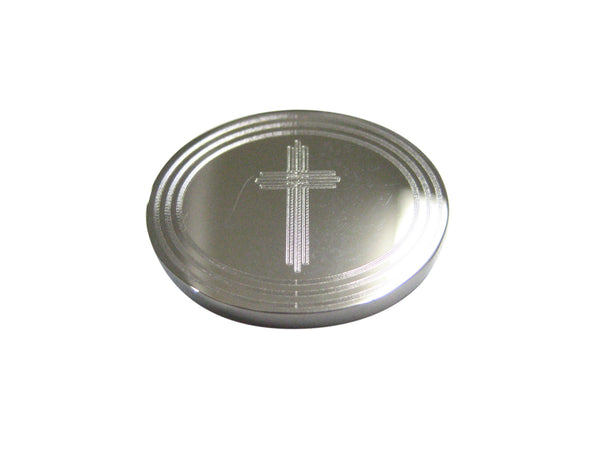 Silver Toned Etched Oval Lined Religious Cross Magnet
