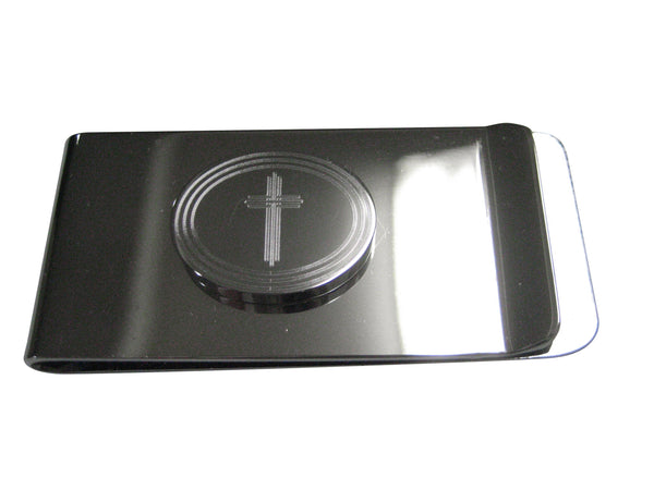 Silver Toned Etched Oval Lined Religious Cross Money Clip