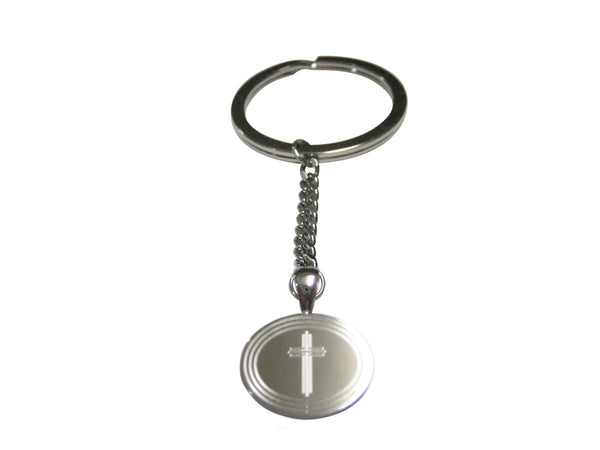 Silver Toned Etched Oval Lined Religious Cross Pendant Keychain