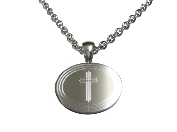 Silver Toned Etched Oval Lined Religious Cross Pendant Necklace
