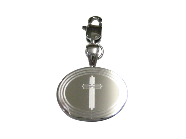 Silver Toned Etched Oval Lined Religious Cross Pendant Zipper Pull Charm