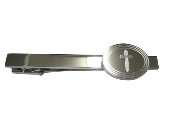 Silver Toned Etched Oval Lined Religious Cross Tie Clip