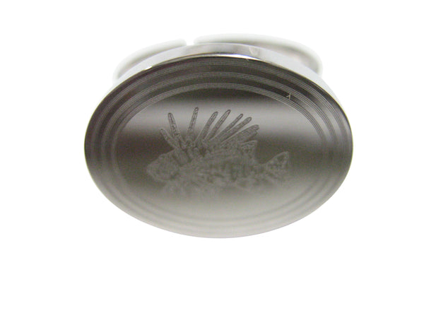 Silver Toned Etched Oval Lion Fish Adjustable Size Fashion Ring