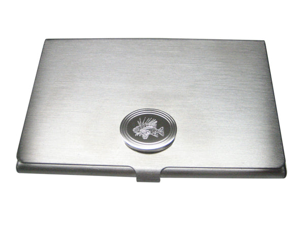 Silver Toned Etched Oval Lion Fish Business Card Holder