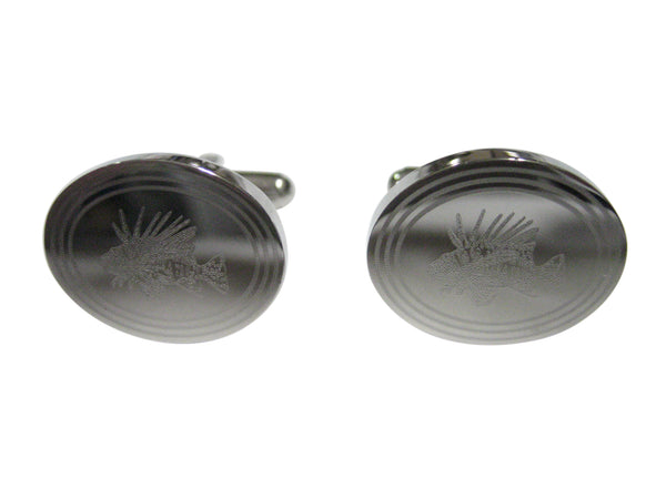 Silver Toned Etched Oval Lion Fish Cufflinks