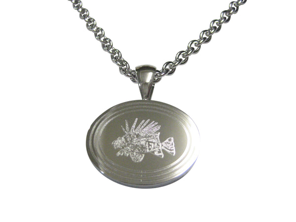 Silver Toned Etched Oval Lion Fish Pendant Necklace