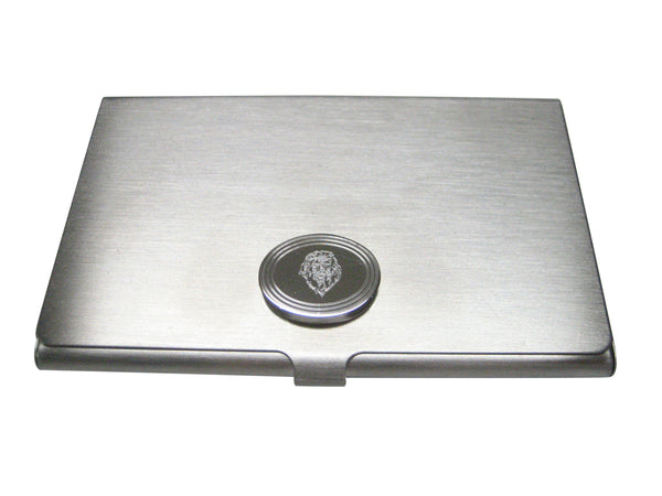 Silver Toned Etched Oval Lion Head Business Card Holder