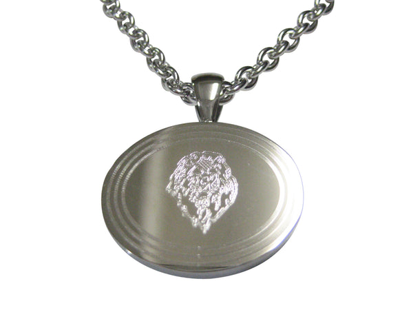 Silver Toned Etched Oval Lion Head Pendant Necklace