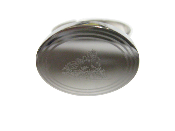 Silver Toned Etched Oval Locomotive Train Adjustable Size Fashion Ring