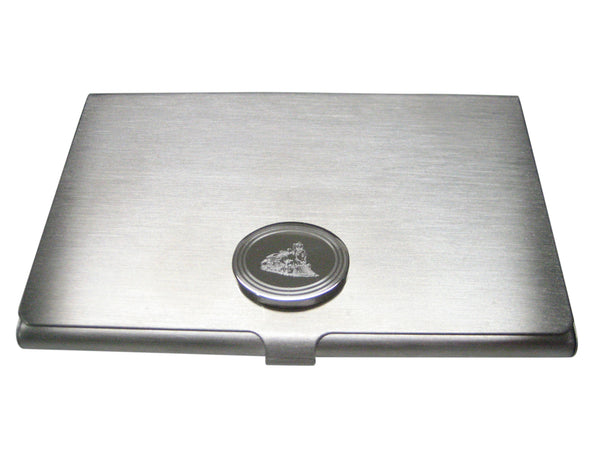 Silver Toned Etched Oval Locomotive Train Business Card Holder