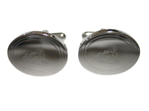 Silver Toned Etched Oval Locomotive Train Cufflinks