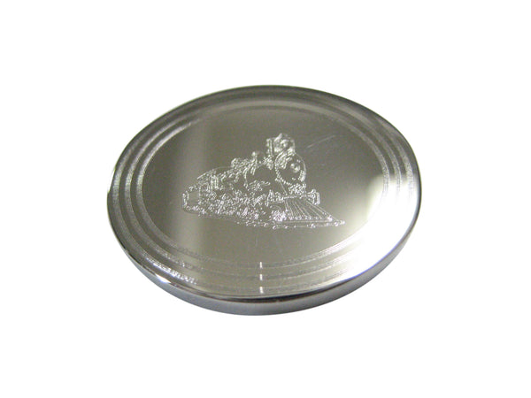 Silver Toned Etched Oval Locomotive Train Magnet
