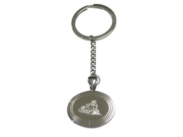 Silver Toned Etched Oval Locomotive Train Pendant Keychain