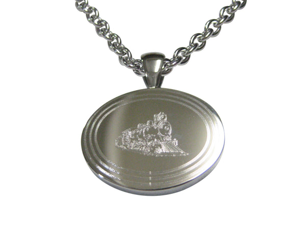 Silver Toned Etched Oval Locomotive Train Pendant Necklace