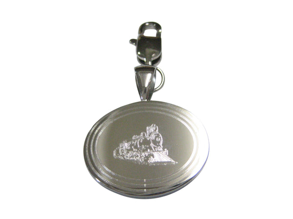 Silver Toned Etched Oval Locomotive Train Pendant Zipper Pull Charm