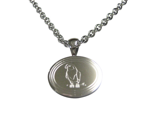 Silver Toned Etched Oval Macaw Bird Pendant Necklace