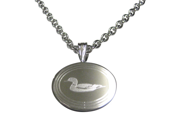 Silver Toned Etched Oval Mallard Duck Pendant Necklace