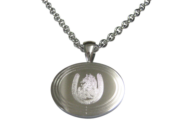 Silver Toned Etched Oval Maned Horse and Horse Shoe Pendant Necklace