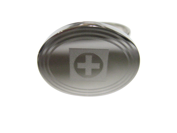 Silver Toned Etched Oval Medical Cross Adjustable Size Fashion Ring