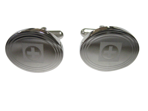 Silver Toned Etched Oval Medical Cross Symbol Cufflinks