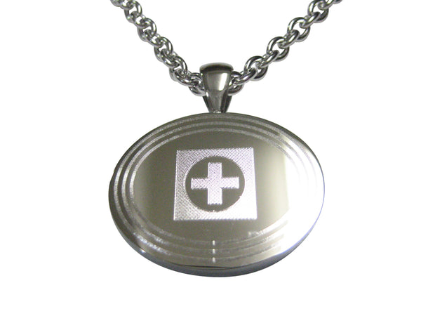 Silver Toned Etched Oval Medical Cross Symbol Pendant Necklace