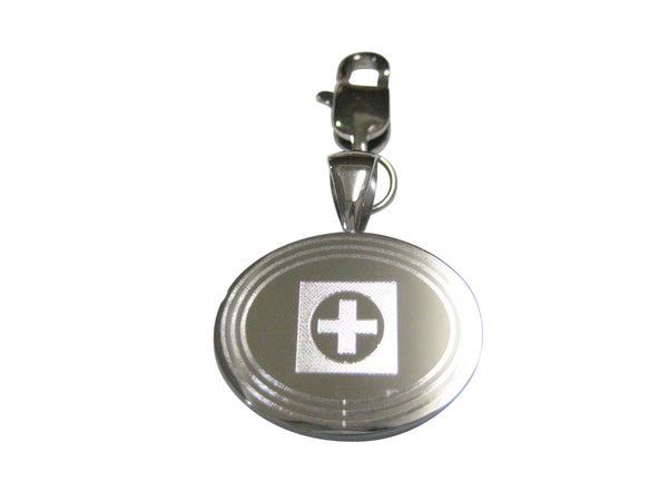 Silver Toned Etched Oval Medical Cross Symbol Pendant Zipper Pull Charm
