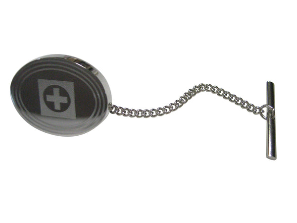 Silver Toned Etched Oval Medical Cross Symbol Tie Tack
