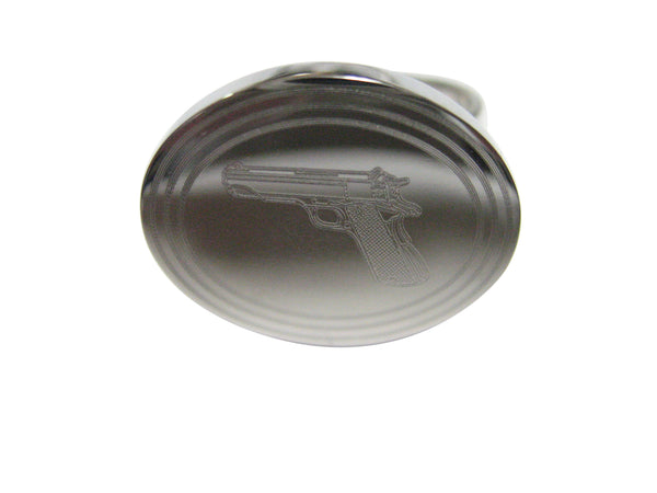 Silver Toned Etched Oval Modern Handgun Adjustable Size Fashion Ring