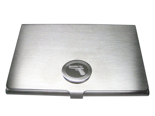 Silver Toned Etched Oval Modern Handgun Business Card Holder